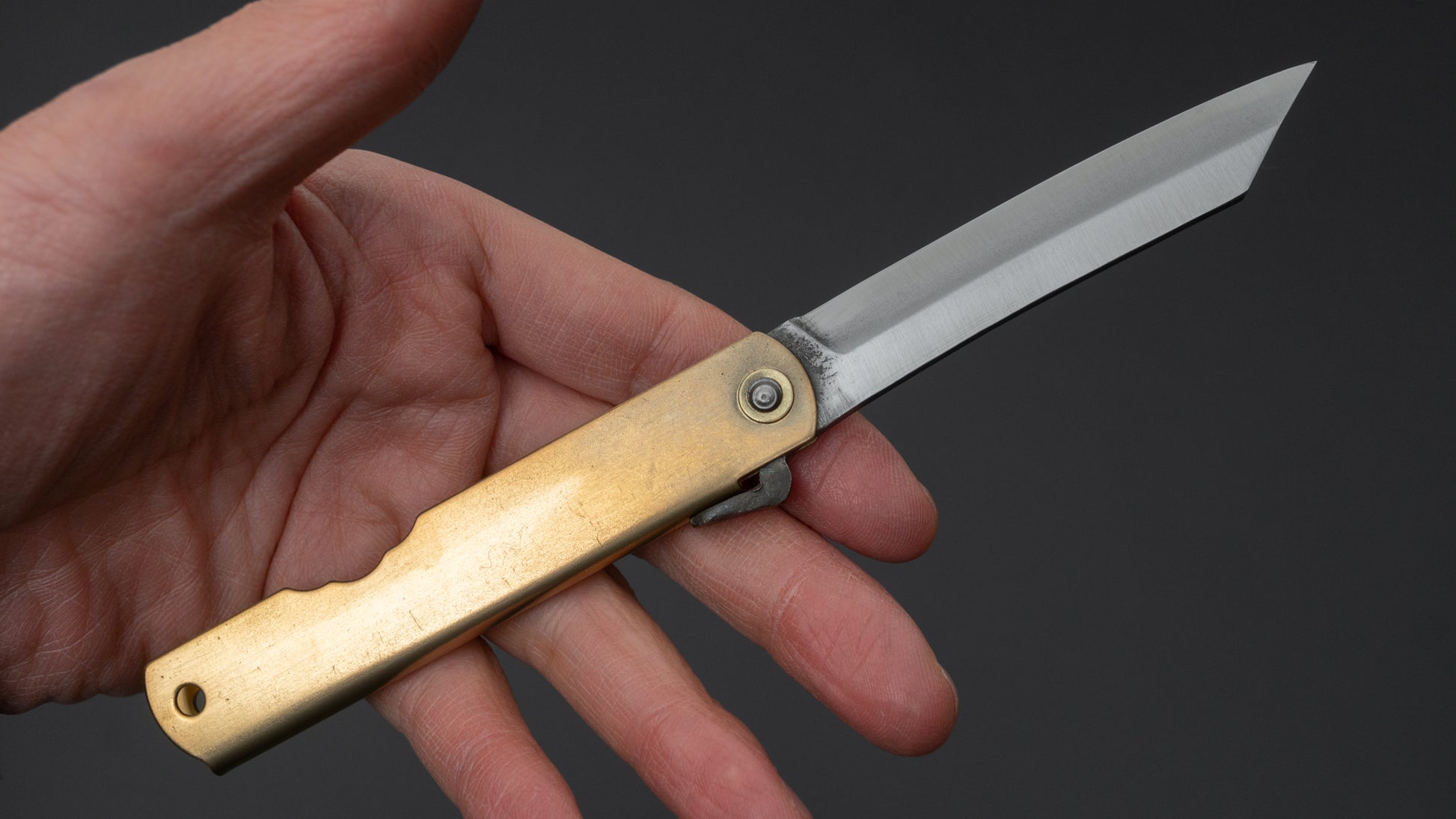 Higonokami Blue Steel Folding Knife Large Brass Handle - HITOHIRA