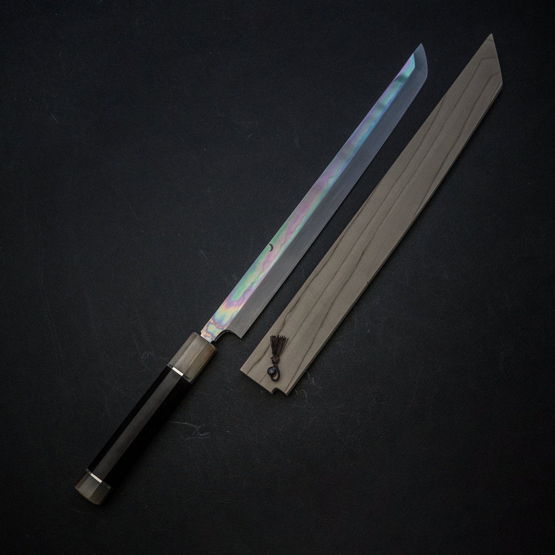 Genkai Hakui Honyaki Sanbonsugi Sakimaru Takobiki 300mm Ebony Handle (Front and Back Mirror Polished) - HITOHIRA