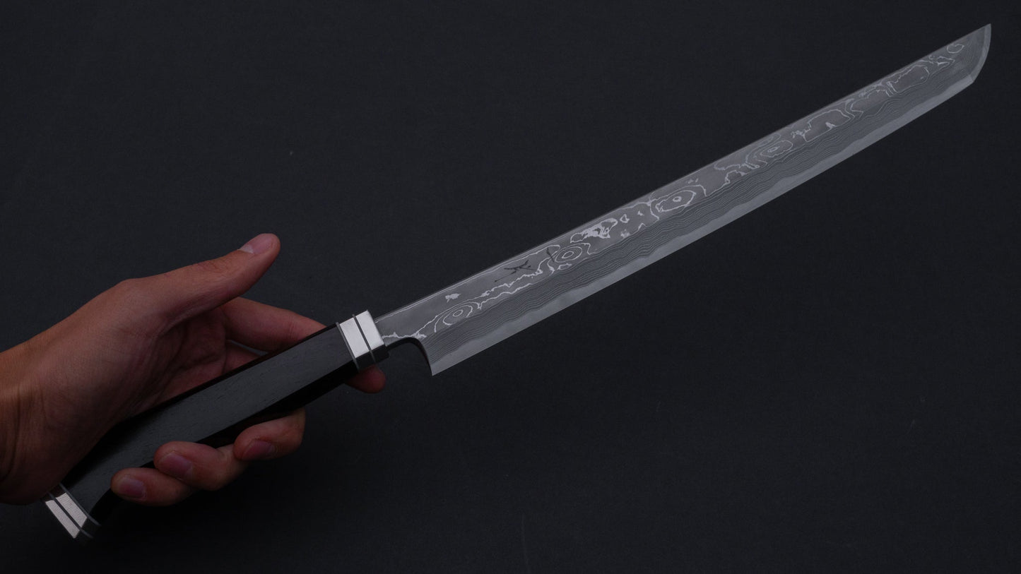 Hitohira Tanaka Mosuke White #1 Damascus Sakimaru Takobiki 300mm Ebony Handle (Fusion Handle/ Saya) | HITOHIRA