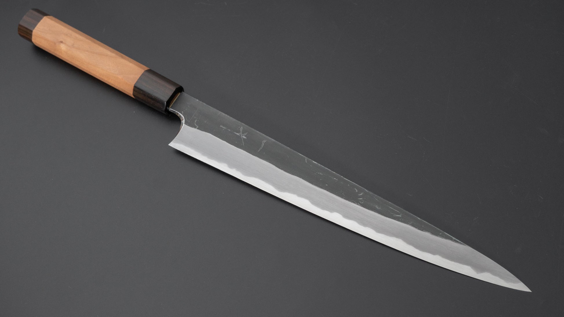 Hitohira Togashi Blue #2 Kurouchi Sujihiki 270mm Cherry Wood Handle (Ebony End) - HITOHIRA