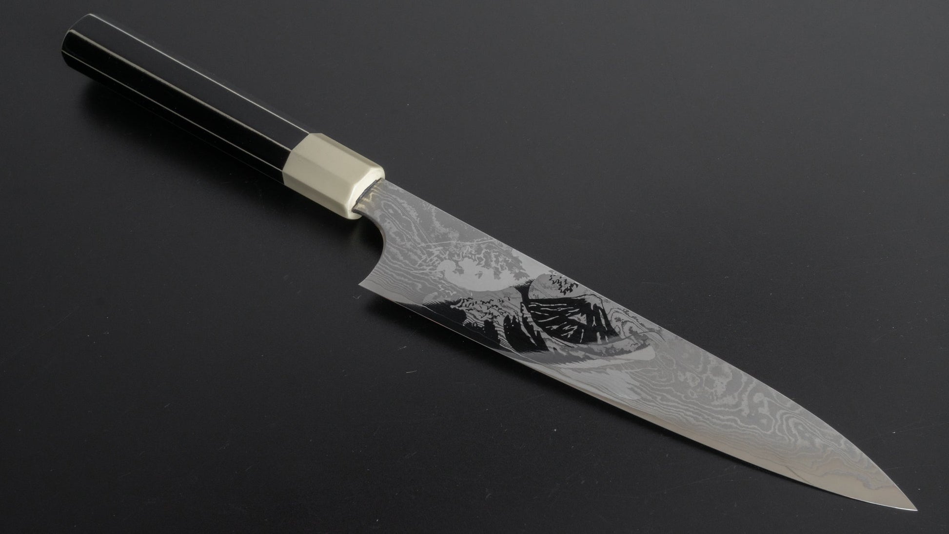 Hitohira Fuji Damascus Gyuto 210mm Lacquered Handle (White/ Black) - HITOHIRA