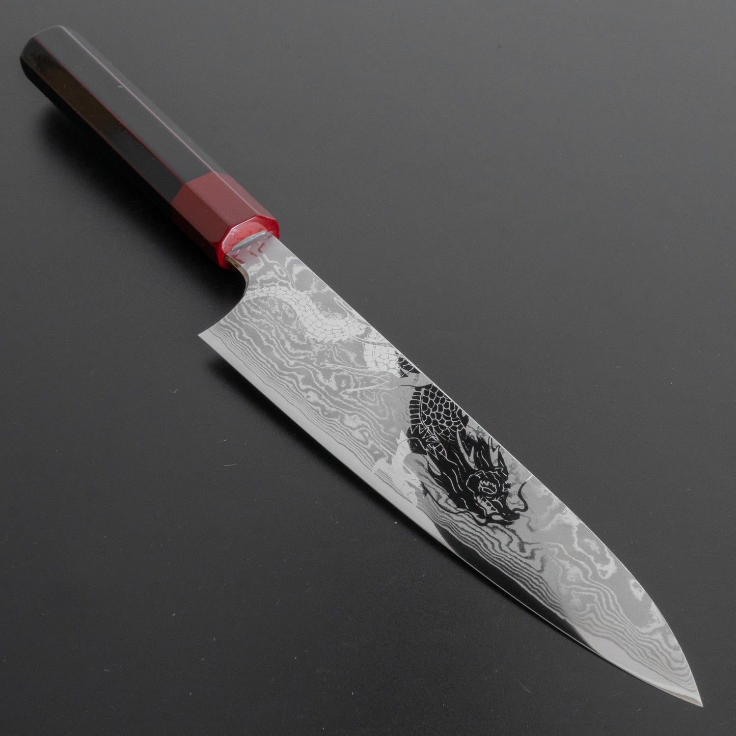 Hitohira Ryu Damascus Gyuto 210mm Lacquered Handle (Red/ Black) - HITOHIRA